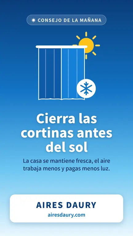 Ilustración de una ventana con cortinas azules cerradas, un sol y un copo de nieve, con el texto: Cierra las cortinas antes del sol. Aires Daury, airesdaury.com
