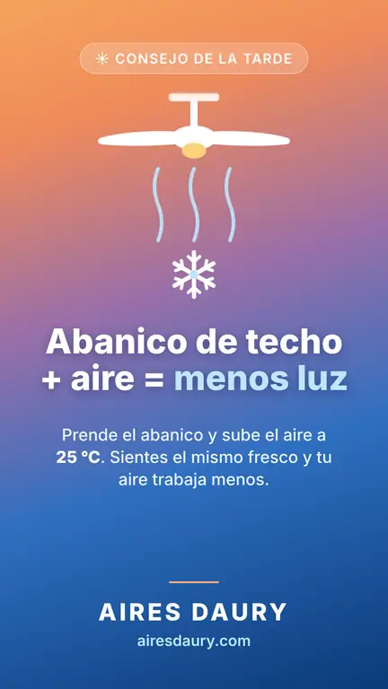 Gráfico con degradado naranja y azul, un abanico de techo y un copo de nieve, con el texto: Abanico de techo + aire = menos luz. Prende el abanico y sube el aire a 25 °C. Aires Daury, airesdaury.com