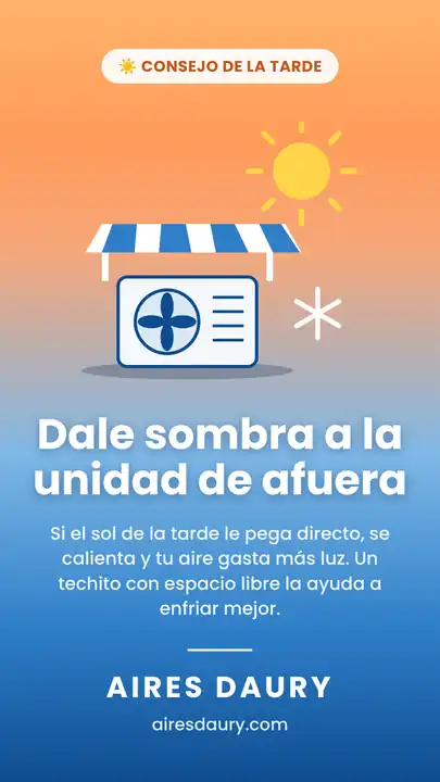 Unidad exterior de mini split bajo un techito que le da sombra del sol de la tarde, con el texto Dale sombra a la unidad de afuera de Aires Daury